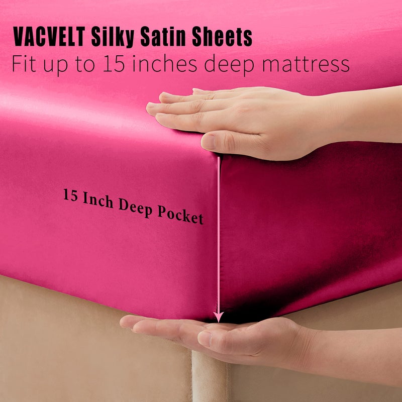 VACVELT 4pcs Hot Pink Satin Sheets Queen Size Bed Set  15 Inch Deep Pocket Silky Satin Sheet Set  Soft Satin Bedding Set Cooling & Luxury Bed Sheets  1 Fitted Sheet + 1 Flat Sheet + 2 Pillowcases - Image 4